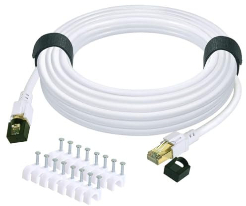 Cat 8 Ethernet Cable 50 ft Internet Network LAN Cable High Speed 2000Mhz 40Gbps RJ45 Cables for Gaming, Xbox, PS4, Modem, Router - Compatible for Cat7/Cat6e/Cat5e Network - White
