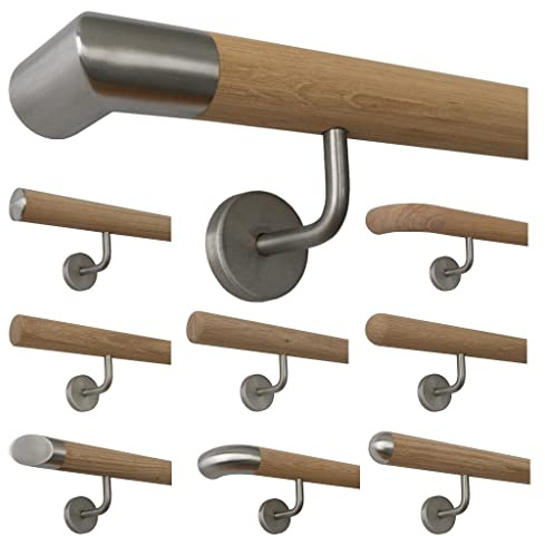 TIBU Holz Handlauf Eiche unbehandelt Geländer Wandhandlauf Treppe Wand 30-500cm mit gewinkelten Edelstahl Halter, Länge: 600 mm mit 2 Halter - Enden: Edelstahlecke