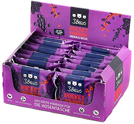 3Bears Pocket Porridge Haferriegel - Dreierlei Beere | 16 x 55 g vegane Müsliriegel mit aromatischem Beeren Mix und 39% Vollkorn-Haferflocken I als ballaststoffreicher Snack To-Go