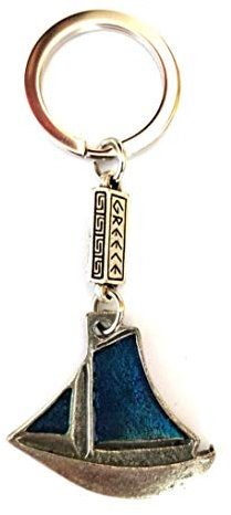 IconsGr Schlüsselanhänger mit griechischem Segelboot mit zwei blauen Segeln, silber