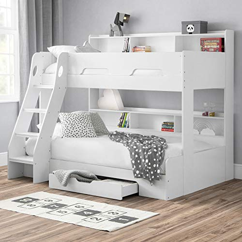 happybeds Orion Oak Wooden Triple Sleeper Bunk Bed, 3ft/4ft, Storage | 3ft Single Top, 4ft Small Double Bottom, Wooden Triple Sleeper Bunk Bed, 2 Pocket Sprung Mattresses Included, Pocket Flexi