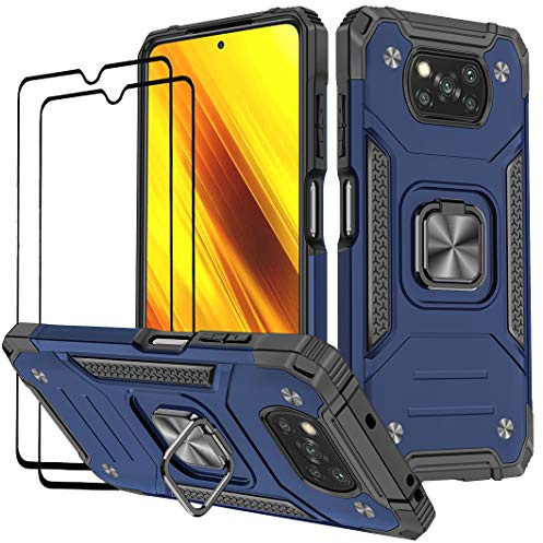 KANSi Funda Compatible con Xiaomi Poco X3 NFC/Poco X3 Pro, Cristal Vidrio Templado [2 Piezas] Capa Anillo iman Soporte Hard PC y Silicona Antigolpes Armor Carcasa - Azul