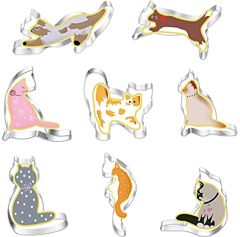 MEZHEN Moldes para Galletas Gato Juego de Cortadores de Galletas Cortador de Galletas Gato 3D Fondant Cortadores Galletas Cookies 8 Piezas