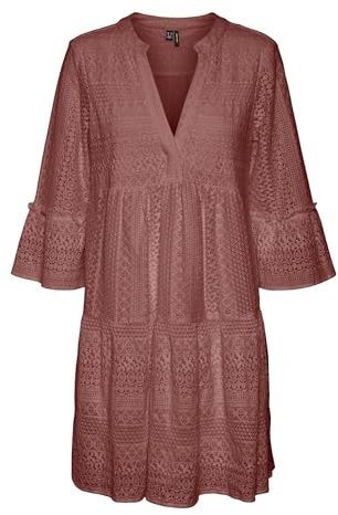 VERO MODA Vmhoney Tunique en Dentelle 3/4 col en V Robe midi, Rose/Marron, L Femme