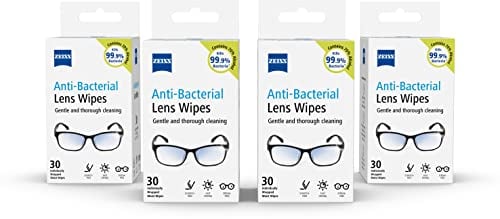 ZEISS Anti-Bacterial Lens Wipes, Lens Cleaner for Glasses, Cameras & Binoculars, Individually Packed Single Use Disposable Cloths in Sachets, Portable Spectacle Cleaning , 70% alcohol - 4 Packs of 30