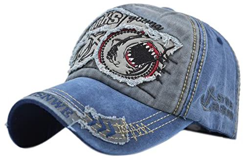 YULOONG Vintage Baseball Cap Denim Bestickter Haifisch Trucker Hut Retro Sonnenhut mit ausgefransten Kanten 100% Baumwolle Outdoor Cap Unisex D
