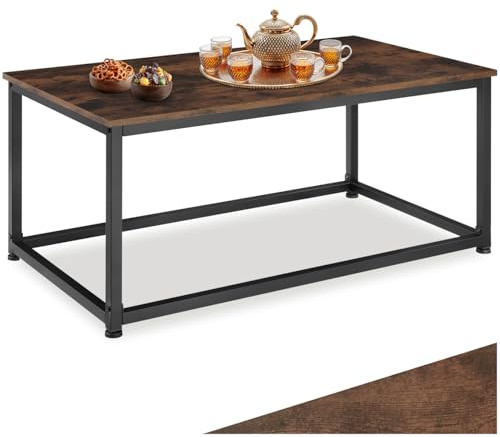 tectake® Coffee Table in Minimalist Design with Wood-Look Tabletop, Rectangular Sofa Side Table with Industrial-Style Steel Frame for Living Room, Bedroom, Home Office, 100 x 55 x 45.5 cm - Dark Wood