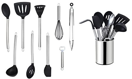 ECHTWERK Ustensiles cuisine, 10 pièces, silicone antiadhésive, manche inox, support, édition argent.