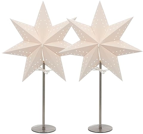 LED Universum - Papier Weihnachtsstern Tischleuchte Standstern weiß, Metallfuss, Dekostern mit Kabelschalter, E14 Fassung, 51cm Höhe (weiß, 2 Stück)