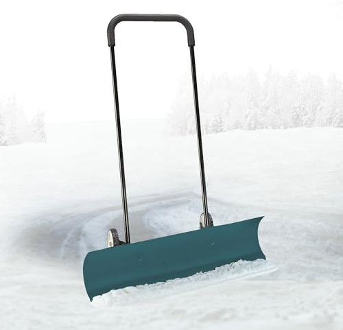 Horison Industries Metal Snow Shovel Heavy Duty 965mm, Wide Scoop Green Steel General Purpose Long Handle & Heavy Duty Snow Shovel for Driveway, Camping & Gardening Easy Use with High Grip Wheels