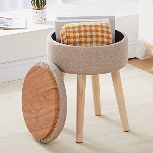 Mxfurhawa Storage Ottoman Linen Round Vanity Stool Tray Top Modern Foot Stool with Wood Legs Multifunctional Upholstered Foot Ottoman Rest for Living Room, Bathroom, Makeup (Khaki)