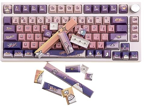 GK GAMAKAY 140 Keys Purple & Pink Keycaps Set, Cherry Profile PBT Five-Sided Thermal Sublimation Keycap for 61/68/75/80/84/87/98/104/108/Alice Layout Mechanical Gaming Keyboard (Space Cat Theme)