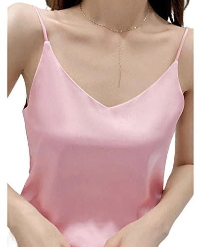 HIHELO Caraco décontracté col en V sexy solide en satin pour femme débardeurs en mousseline de soie sans manches Camisole Top dos nu Camis Tops-Rose, XL