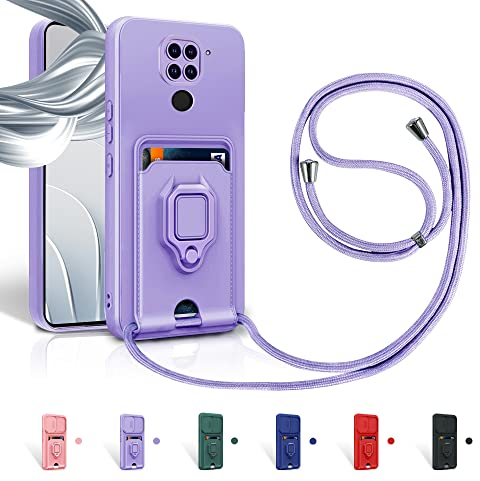 Aithne Funda con Cuerda para Xiaomi Redmi Note 9 Case con Ranura para Tarjetas,360 Anillo función de Soporte Cubierta -Púrpura