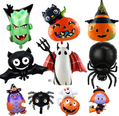 Halloween Luftballons 10 Stück Halloween Folienballons Kürbisse, Spinnen, Gespenster, Fledermäuse, Übergroße Halloween Helium Luftballons für Halloween Party Deko Kinder