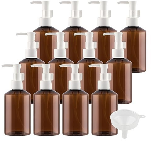 ZEOABSY 12 Pieces 150ml Refillable Amber Lotion Bottle with White Pump, 150 ml Empty Plastic Shampoo Liquid Hand Soap Shower Bottles, Gel Essential Oil Containers,Washing Cream + 2 x Funnel