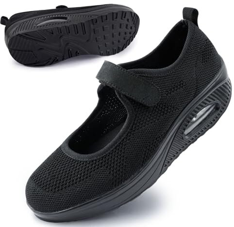 Git-up Zapatos Cómodos para Caminar para Mujeres con Correa Ajustable, Zapatos de Enfermería Casuales de Malla Transpirable Zapatillas Ligeras de Cojín de Aire 1922, Malla-Negro 38