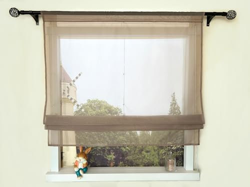 Devola Raffrollo Einfarbig Voile Raffgardinen Küchengardinen Transparent Bändchenrollo mit Tunnelzug Fertiggardinen Moder HxB 140x120cm Kaffee 1 Stück
