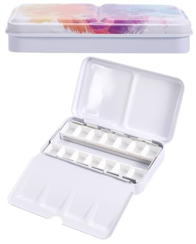 PATIKIL 14 medias pastillas de pintura Paleta de acuarela vacía con tapa | lata de metal, estuche de pintura, para viaje pintura al gouache y al óleo, 14 caromaes vibrantes