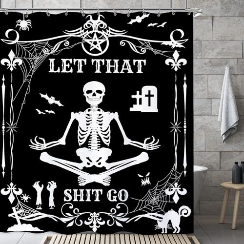 Laifzere Rideau de douche humoristique en tissu avec crochets Motif tête de mort Noir 152,4 x 183 cm