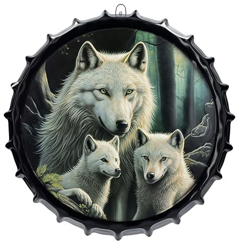 Blechschild Kronkorken Wolf Mutter mit Jungen weiß 42 cm - Fantasy Wand Deko Schild Metallschild Gothic Blech Metall