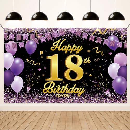 Koliphy 18. Geburtstag Deko, 18. Happy Birthday Banner für Jungen Mädchen, Schwarz Lila Stoff 18 Geburtstagsbanner Hintergrund Party Dekoration Drinnen und Draußen