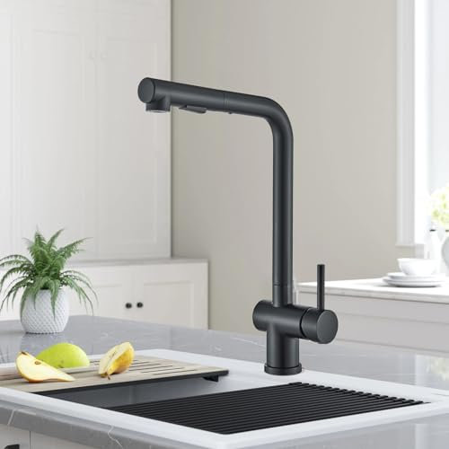 Cesinkin Robinet Cuisine,Mitigeur Cuisine Noir avec Douchette Deux Modes,Pivotant à 360° Mitigeur Evier,Robinet de Cuisine avec Douchette Chaud et Froid Laiton