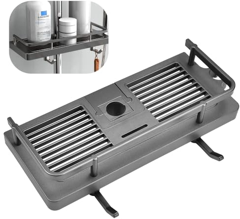 DTYGUIXE Organizador de Ducha Colgante, 1 Estante de Ducha sin Taladro con 2 Ganchos Estante Ajustable para Barra de Ducha de 20 a 24 mm Balda de Ducha Negro Moderno para Esponjas Champús Geles