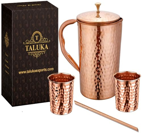 Taluka Wasserkrug aus reinem Kupfer, gehämmert, mit 2 gehämmerten Glas/Bechern und 1 Strohhalm, Fassungsvermögen 2000 ml, für Zuhause, Restaurant, Hotels, als Geschenk für Ayurveda, gesundheitliche