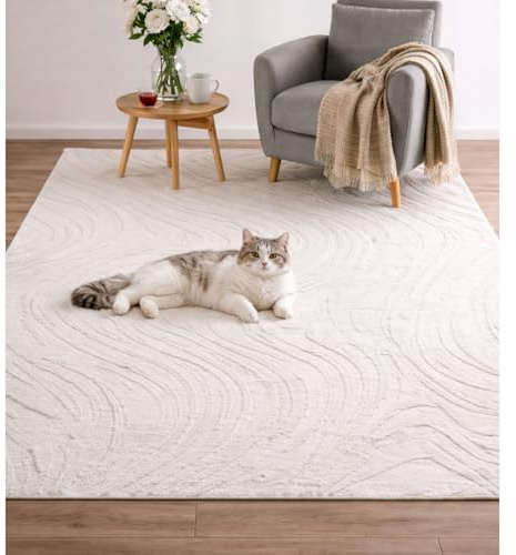 VIMODA Teppich Wohnzimmer Teppich Schlafzimmer 3D Effekt modern Weich kurzflor Wellenmuster Qualitativ,Farbe:Creme;Maße:Ø 160 cm Rund