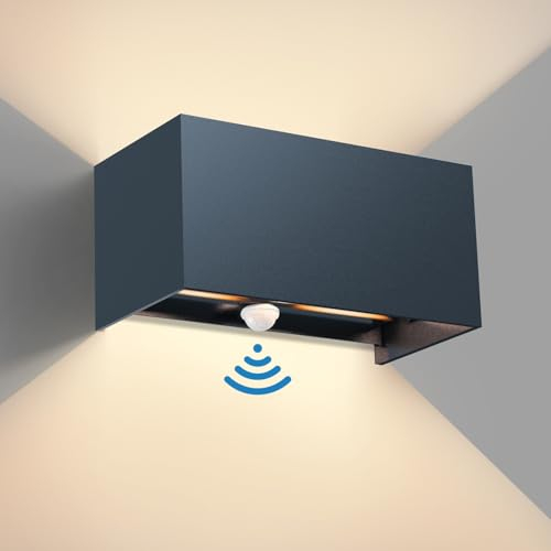 vatato 24W Außenwandleuchte mit Bewegungsmelder, IP65,3000K Warmweiß LED Wandleuchte Außen/Innen Aluminium, Einstellbarer Lichtstrahl außenlampe mit bewegungsmelder für Flur/Weg (Anthrazit)