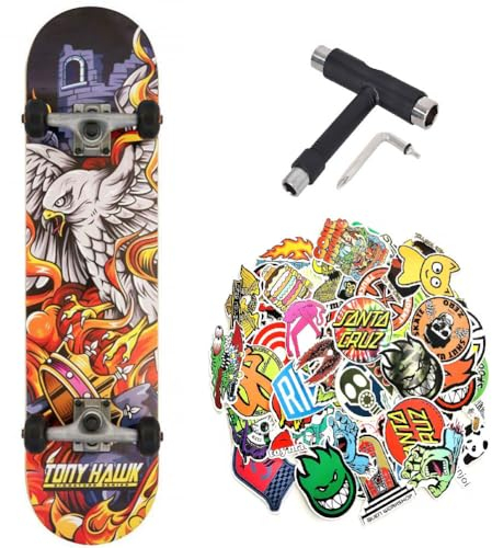 Komplettes Skateboard Tony Hawk PROFESSIONAL Serie Anfänger, 7,5 Zoll + Mehrzweck-Tool + 50 glänzende Sticker (King 7,5 – Tool – 50 Sticks, 7,5)