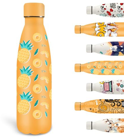 Grsta Botella Termica, 500ml Botella Agua Acero Inoxidable, Botella Agua Personalizada con Fruta, Botella de Agua a Prueba de Fugas, Doble Aislamiento al Vacío, para la Escuela, Oficina, Amarillo