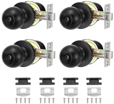 PATIKIL Privacy Keyless Door Knobs Interior, 4 Pack Round Stainless Steel Bedroom Bathroom Door Knob with Lock Entry Indoor Outdoor Door, Black