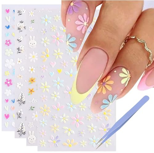 GZMAYUEN Nail Stickers Nagelsticker Blumen, 4Pcs 3D Selbstklebend Nagel Stickers Fingernagel Sticker Nageldesign Nagelaufkleber