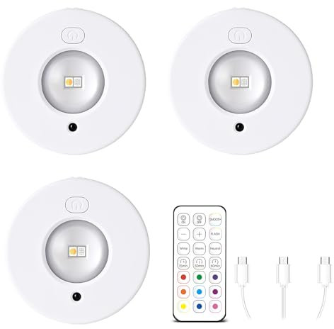 CHEERLINK LED Spot Akku USB Aufladbar, RGB Farbwechsel Schrankbeleuchtung Kabellos mit Fernbedienung, Rund Magnetisch Dimmbar Akku Unterbauleuchte mit Timing Funktion(3er Pack)