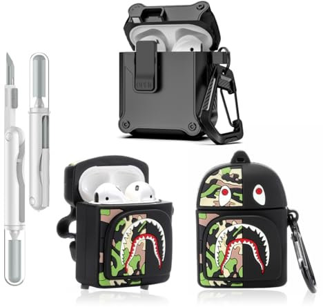 LEWOTE Custodia protettiva 3 in 1 compatibile con Apple AirPods (2a/1a generazione) custodia protettiva divertente con kit di pulizia e portachiavi (borsa squalo nero)