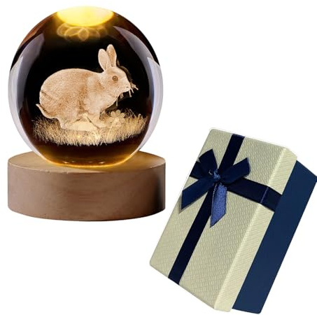 FUFRE Osterdeko 3D Kristallkugel Nachtlicht 6cm Hase LED Glaskugel Lampe USB 3D Ostern Lichter Deko Led Nachtlicht Kinder mit Holzsockel Glaskugel mit Licht, ideal Geschenk für Familie Freunde (A)