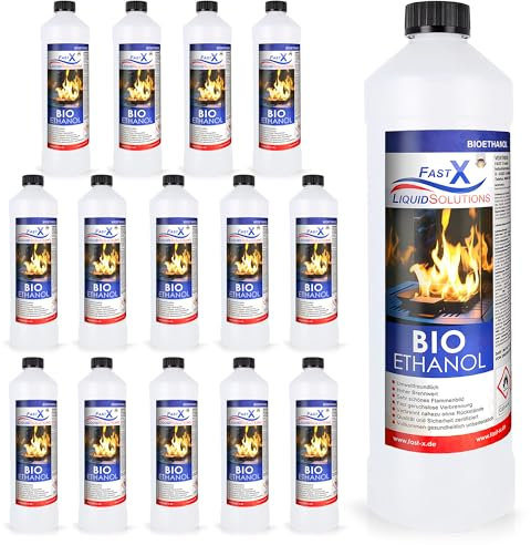 Fast X Bio Ethanol 15x1L - 100% Natürlich, für Ethanol-kamine & Tischkamine. Umweltfreundlich & geruchsfrei, sicher für Raum- & Gartenfeuer mit rückstandsloser Verbrennung