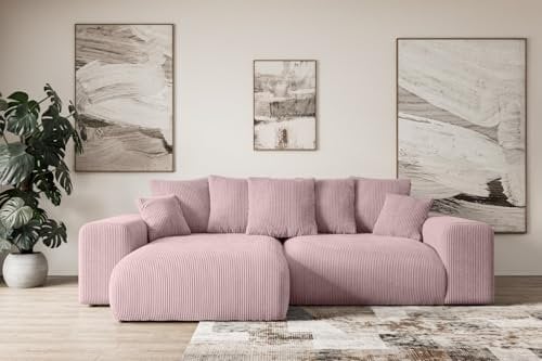 ALTDECOR Ecksofa mit Schlaffunktion und Bettkasten Corner Sofa Eckcouch Couch L-Form universal, Links/rechts angeordnet Schlafcouch Ausziehbar Wohnlandschaft Eskar-L -256x165x84cm Rosa