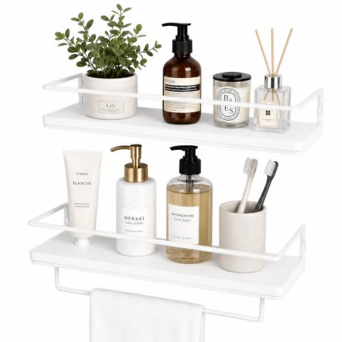 Floating Bathroom Wood Shelves Set of 2 Wall Mounted Shelf with Black Metal Frame and Towel Rack for Bathroom Over Toilet Storage and Organizers for Bedroom Living Room Kitchen Office(White)