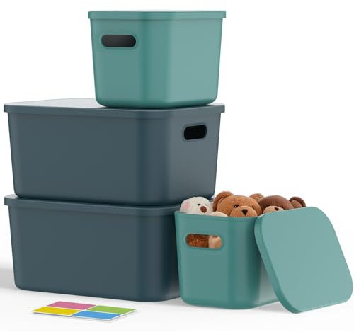 johgee 4er-Set Aufbewahrungsbox mit Deckel, Kunststoff Aufbewahrungsboxen, Stapelbare Ordnungsboxen Aufbewahrung, Aufbewahrungskorb für Regal, Küche, Schlafzimmer, Schrank, Badezimmer