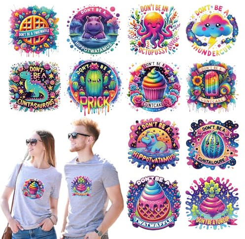 INCOK 12 Pcs Funny DTF Transfers Ready to Press | Vinyl Decal Sticker, Humor Theme, DIY Craft for Shirts Hoodie Jacket Bag, Easy Peel and Stick, Giftable Present
