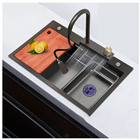 JKJZSALJ Fregadero De Cocina Negro De Acero Inoxidable 304, Moderno Fregadero De Bar, De Encastre O Bajo Encimera, De Una Cubeta, con Lavaplatos Y Grifo Extraíble, Negro, 80 X 45 X 21 Cm