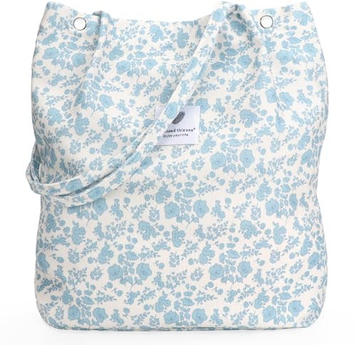 FloralGrace Blumen Groß Umhängetasche Damen,Cord Schultertasche,Tasche Tote Bag,Strandtasche Cord Tasche Crossbody Tasche Shopper Tote Bag Einkaufstasche Handtasche Shopper(Blau)
