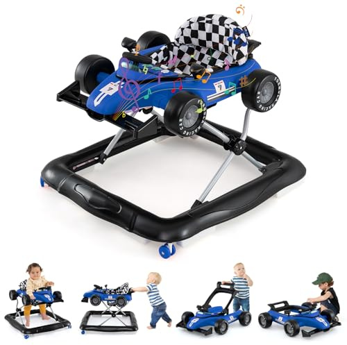 COSTWAY Trotteur Bébé Garçon Fille avec 3 Hauteur Réglable, Trotteur Marche Bébé Pliable Évolutif avec Boîte à Musique Amovible & Volant, Roues Silencieuses, Charge 12kg pour 6-18 Mois (Bleu)