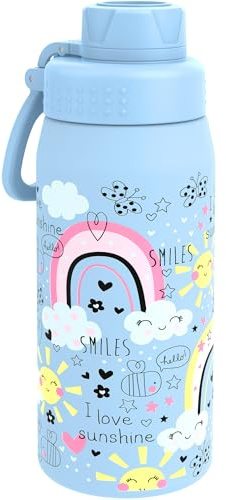 GOPPUS 550ml/19oz Kids Insulated Water Bottle with Screw Lid (No Straw) Stainless Steel Toddler Bottle School Flask Girls Boys Drinks Cup with Handle & Leakproof & Keep Drinks Cold (Blue Rainbow)