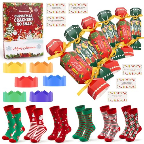 Christmas Crackers No Snap with One Size Funny Socks Hats Riddle Cards Make Your Own Crackers for Christmas Party Decorations and Women Teenagers Kids Gifts