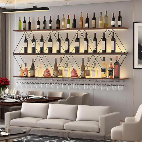 KEPMOGOH Porte-Bouteilles Muraux avec Porte-Verre, Étagère à vin Murale Rangement Bouteille, Casier à vin en Bois, Range Bouteille Vin pour Maison, Cuisine, Bar, Salle À Manger, Cave a vin(180cm)