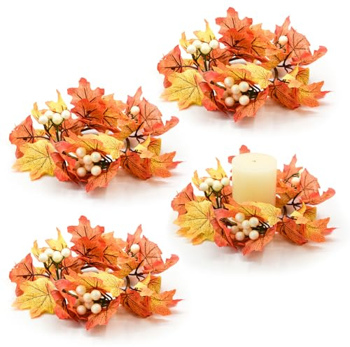 Bacucine Herbstkränze, kleine Kerzenringe mit Ahornblättern, Kerzenhalter, künstlicher Blumenkranz für Hochzeit, Bauernhaus, Tür, Zuhause, Tisch, Heimdekoration, 4 Stück